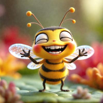 The primary subject of the image is a cartoon bee with a smiling face, wearing a yellow and black outfit. The bee is standing on a leaf, which serves as the setting or background of the image. The visual style of the image is digital art, as it is a computer-generated illustration. The colors and mood of the image are bright and cheerful, with the yellow and black bee being the main focus and source of happiness.